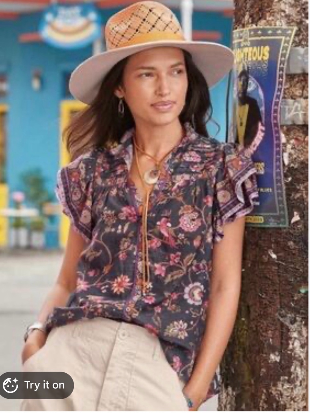 Sundance Floral Ruffle Neck Blouse in Black, Pink and Orange